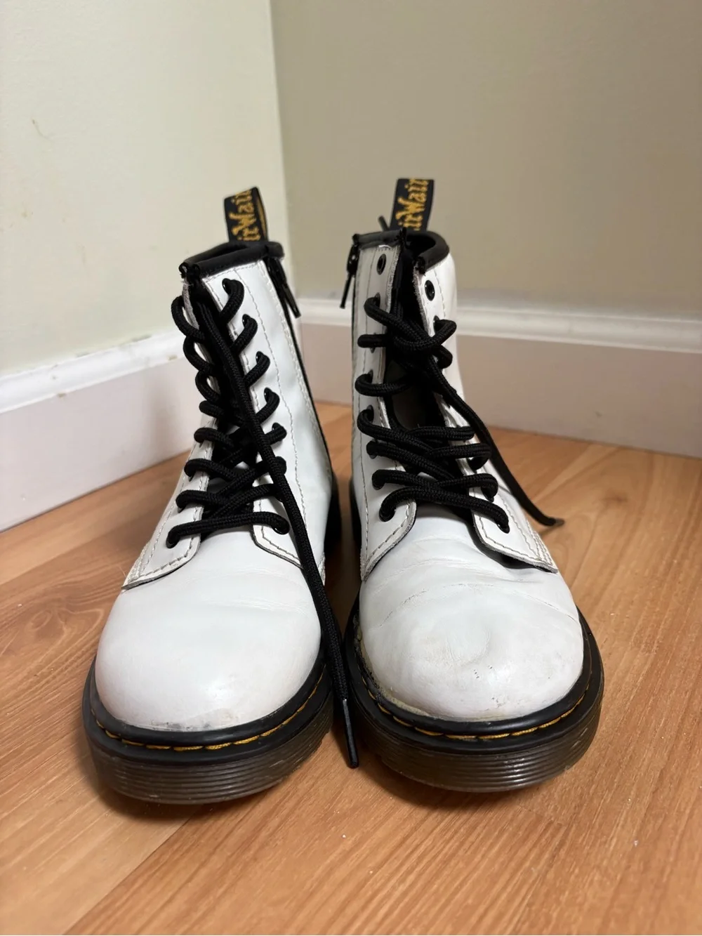 Dr. Martens White Lace-Up Kids Combat Boots with Black Trim